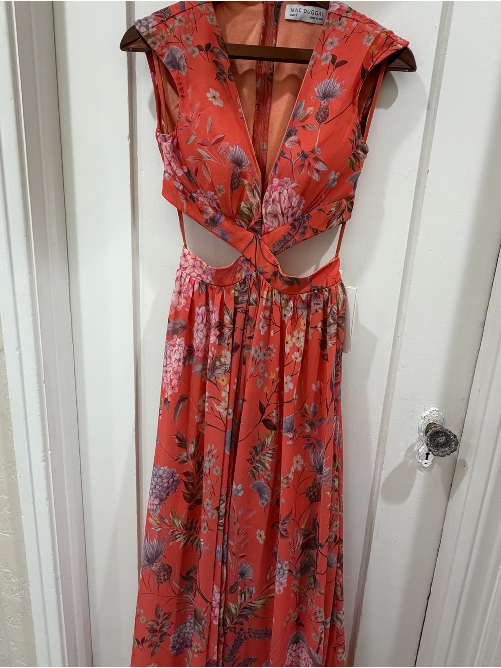 Mac Duggal Coral Floral Cutout Maxi Dress